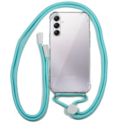 Capa transparente para smartphone Samsung com cordão azul turquesa
