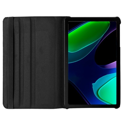 Tablet preto com capa preta aberta mostrando ecrã colorido