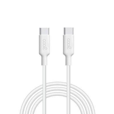 Cabo USB tipo C branco com conectores com inscrição COOL
