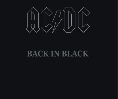 Capa de álbum preta com texto AC/DC e BACK IN BLACK em cinzento