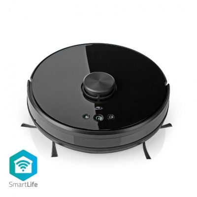 Aspirador robô preto redondo com escovas laterais e indicador Wi-Fi SmartLife