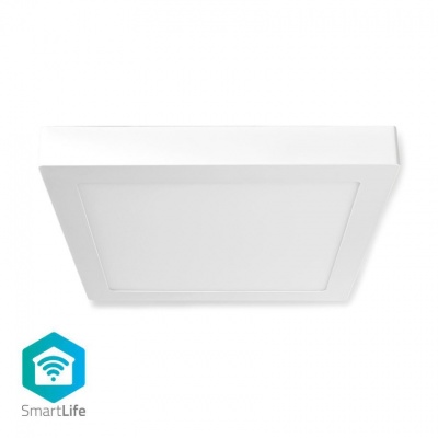 Painel de luz quadrado LED branco com ícone SmartLife azul