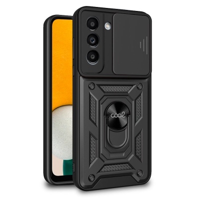 Capa preta robusta para smartphone com suporte circular e proteção de lentes com texto 'cool'