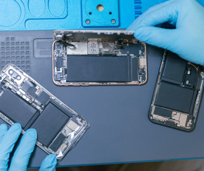 Telemóveis desmontados com componentes internos visíveis e mãos com luvas azuis a manusear.