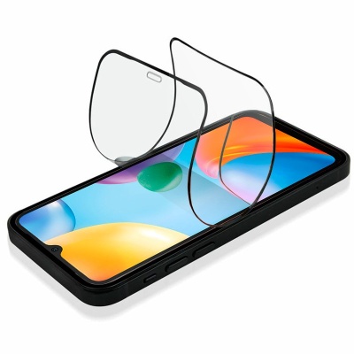 Smartphone preto com duas películas transparentes de vidro temperado em fundo branco.