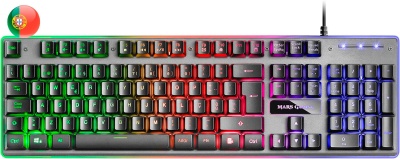 Teclado completo iluminado RGB com estrutura metálica cinzenta e teclas pretas