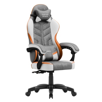 cadeira de gaming cinzenta, branca e laranja com almofada gaming space