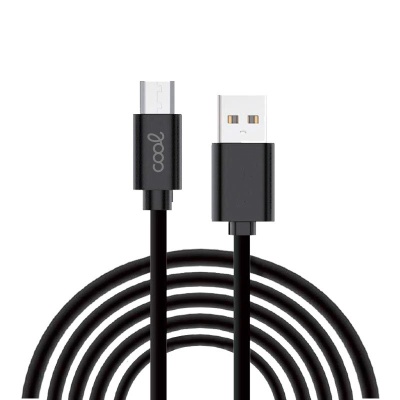 Cabo USB preto com conector USB-A e micro USB com texto 'cool'
