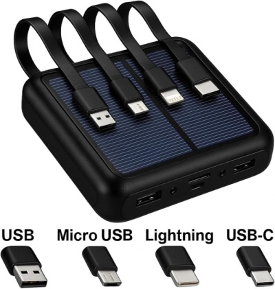 Carregador portátil preto com painel solar e quatro cabos integrados diferentes