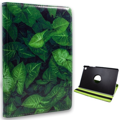Capa para tablet com padrão de folhas verdes e suporte dobrável