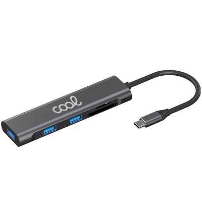 Hub USB-C preto com duas portas USB 3.0 azuis e ranhura para cartão