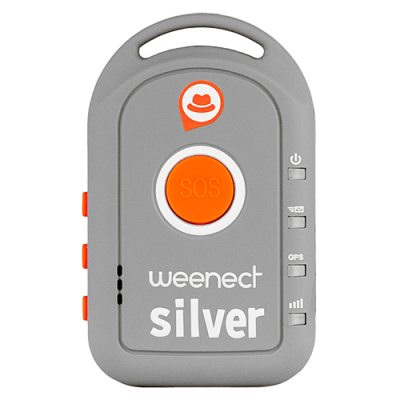 Dispositivo cinzento com botão SOS laranja e texto 'weenect silver'