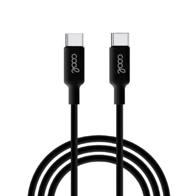 Cabo de dados USB-C preto com conetores e texto cool.