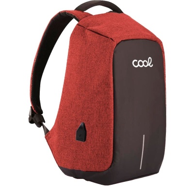 Mochila antivandalismo vermelha e preta com logótipo 'cool' branco