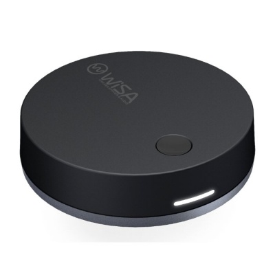 Dispositivo redondo preto com botão e luz branca