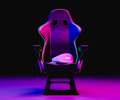 Cadeira de jogo preta com iluminação LED colorida em fundo escuro