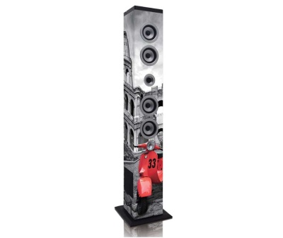 Coluna de som alta com design preto e branco e vespa vermelha