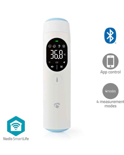 Termómetro digital branco com ecrã preto a mostrar 36.8°C e vários ícones, com detalhes em azul claro e logotipo Nedis.
