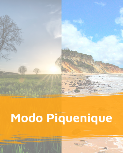 Imagem dividida campo e praia com texto Modo Piquenique