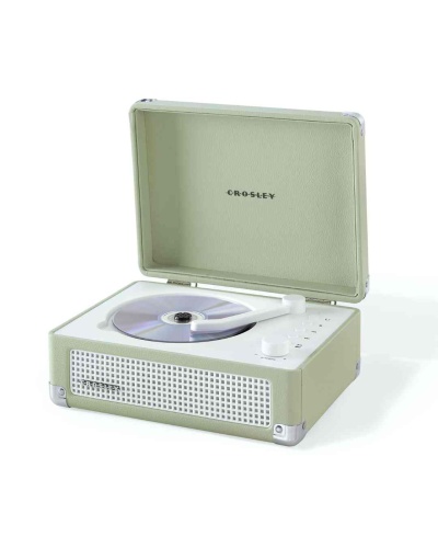 Tocadiscos portátil verde claro Crosley com disco em cima