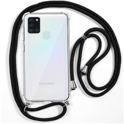 Smartphone Samsung com capa transparente e cordão preto ajustável