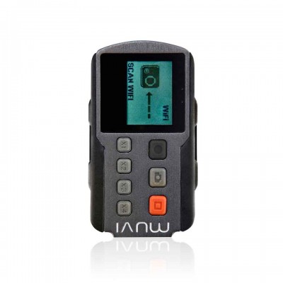 Dispositivo electrónico compacto preto com ecrã LCD e botões cinzentos e laranja