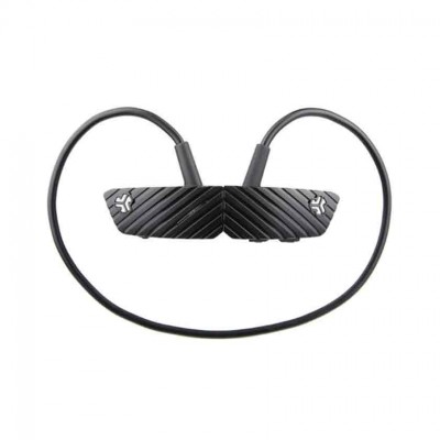 Auscultadores desportivos sem fios pretos com textura diagonal e logótipos brancos.