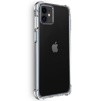 Smartphone preto Apple com capa transparente e câmara dupla
