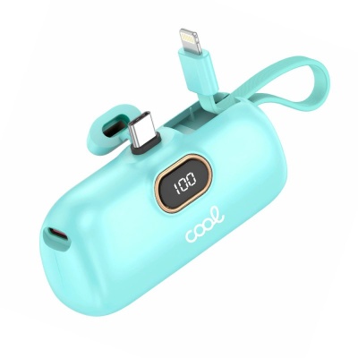 Carregador portátil azul claro com display digital e conexões USB