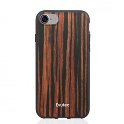 Capa de smartphone com padrão de madeira e texto Evutec