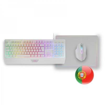 Conjunto teclado mecânico RGB branco, rato RGB branco e tapete de rato cinzento