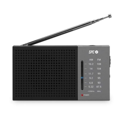 Rádio preto compacto SPC com antena telescópica e escala AM-FM