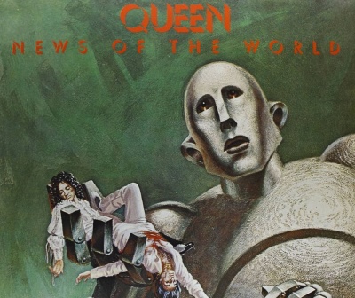 Capa de álbum de vinil Queen News of the World com robô segurando duas figuras humanas.