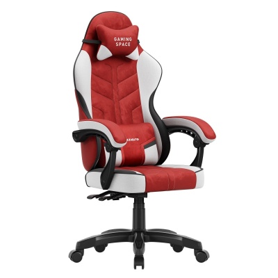 cadeira gaming vermelha e branca com apoio de cabeça e base giratória