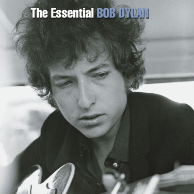 Capa de álbum 'The Essential BOB DYLAN' com foto em preto e branco de homem tocando guitarra