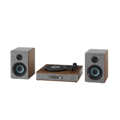 aparelhagem de áudio vintage com gira-discos e altifalantes de madeira e cinza