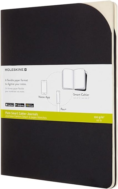 Caderno Moleskine Smart Cahier capa preta com etiqueta branca e amarela