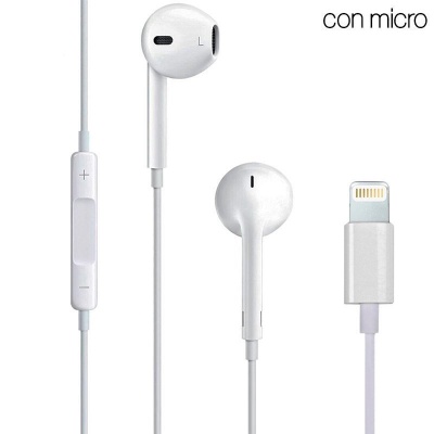Auriculares brancos com microfone, controlo de volume e conector Lightning