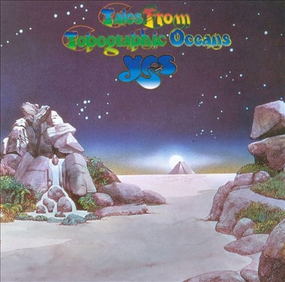 Capa do álbum 'Tales From Topographic Oceans' da banda Yes com ilustração de rochas e céu estrelado