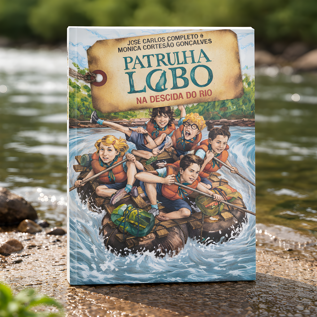 Patrulha Lobo na Descida do Rio Capa de livro Patrulha Lobo na descida do rio com cinco crianças numa jangada no rio