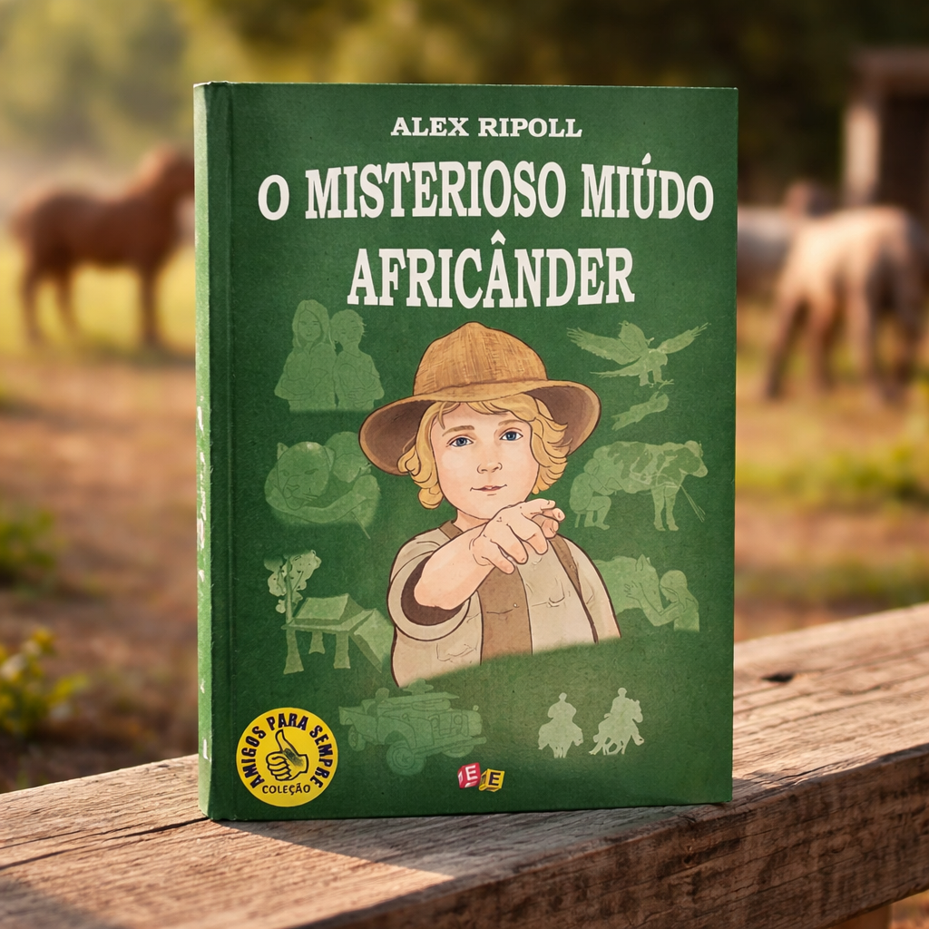 O Misterioso Miúdo Africânder Capa de livro verde com ilustração de criança e texto em branco