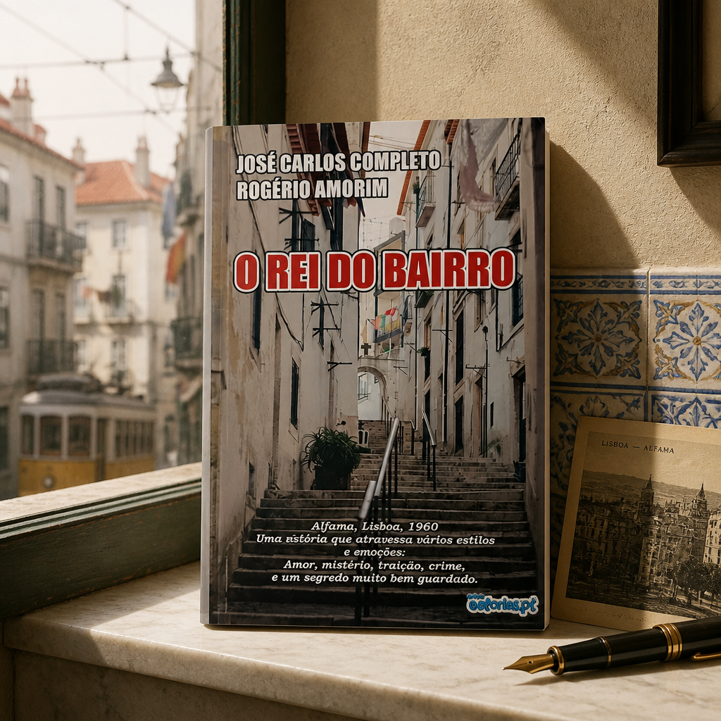O Rei do Bairro Livro O REI DO BAIRRO com imagem de escadaria em Alfama, Lisboa, 1960, numa janela com azulejos e objetos