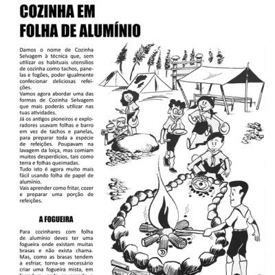 Página de livro com texto sobre cozinha selvagem e ilustração de pessoas ao redor de fogueira com tendas ao fundo