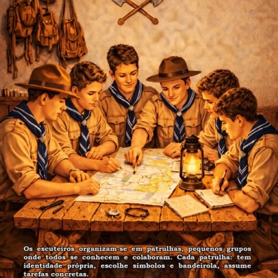 Jovens escuteiros em uniforme castanho claro e lenço azul sentados à mesa com mapa e lanterna iluminada