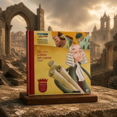 Livro ilustrado Lisboa em ruínas com fundo de ruínas históricas