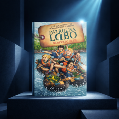 Capa de livro colorido com cinco crianças remando num rio e texto em português.