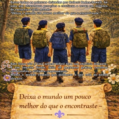 Cinco jovens escuteiros de costas com uniformes azuis e mochilas caminhando numa floresta, com texto sobre lema escutista em português