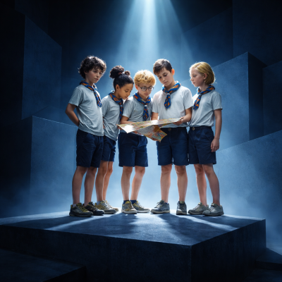 Crianças em uniforme com lenços olhando para um mapa sobre uma plataforma iluminada