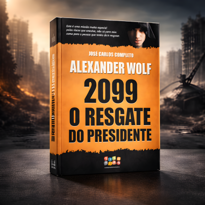 Capa de livro laranja e preta com título ALEXANDER WOLF 2099 O RESGATE DO PRESIDENTE