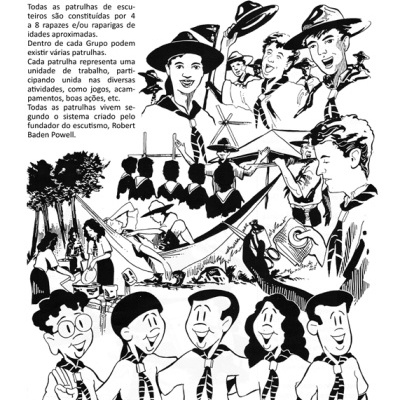 Página de revista com desenhos de escuteiros em várias atividades e texto explicativo em português.